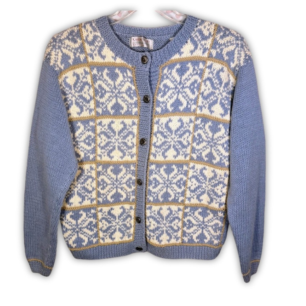 Karen Scott Vintage Blue Snowflake Hand Knit Cardigan‎ Sweater Womens M Granny